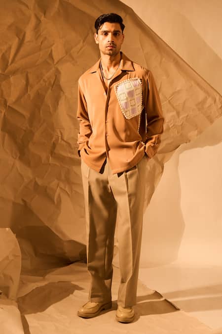 Rohit Doshi Brown Lace, Patchwork Checkered Pocket Embroidered Shirt Online at Aza Fashions Rohit Doshi_Brown Lace, Patchwork Checkered Pocket Embroidered Shirt _Online_at_Aza_Fashions