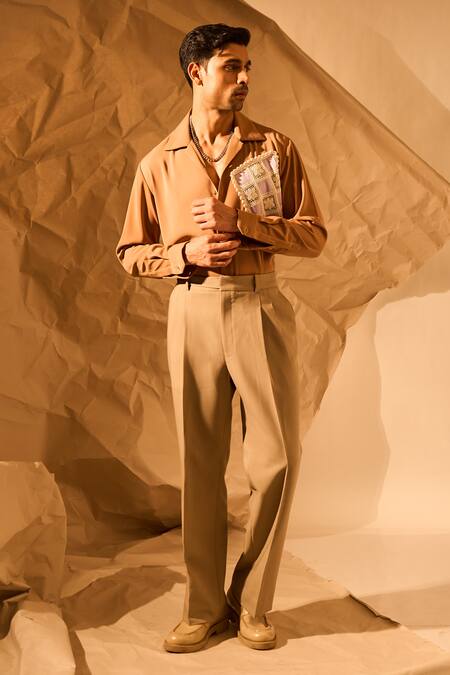 Rohit Doshi Brown Lace, Patchwork Checkered Pocket Embroidered Shirt at Aza Fashions Rohit Doshi_Brown Lace, Patchwork Checkered Pocket Embroidered Shirt _at_Aza_Fashions