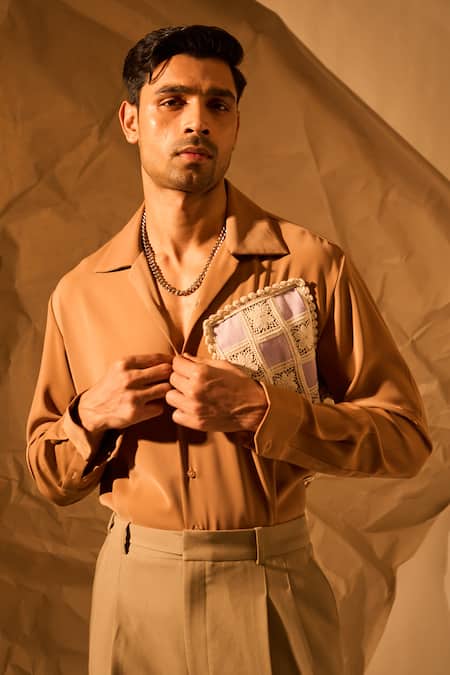 Buy Rohit Doshi Brown Lace, Patchwork Checkered Pocket Embroidered Shirt Buy_Rohit Doshi_Brown Lace, Patchwork Checkered Pocket Embroidered Shirt