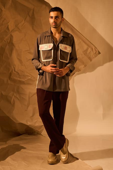 Rohit Doshi_Gray Patchwork, Embroidery Comic Book Cover Art Shirt _Online_at_Aza_Fashions