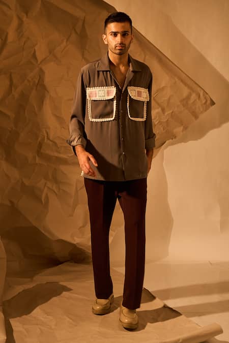 Buy_Rohit Doshi_Gray Patchwork, Embroidery Comic Book Cover Art Shirt _Online_at_Aza_Fashions