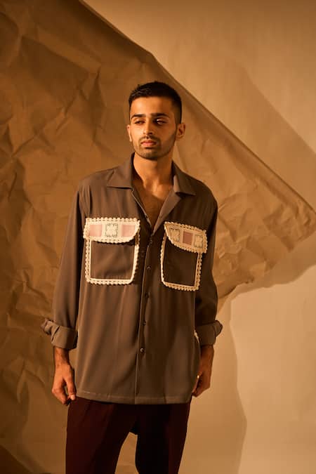 Shop_Rohit Doshi_Gray Patchwork, Embroidery Comic Book Cover Art Shirt _Online_at_Aza_Fashions