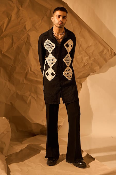 Buy_Rohit Doshi_Black Patchwork, Piping Geometric Pattern Shirt _Online_at_Aza_Fashions