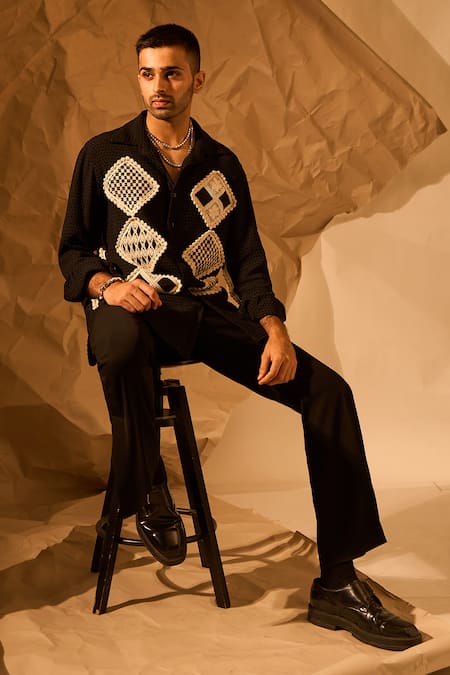 Rohit Doshi_Black Patchwork, Piping Geometric Pattern Shirt _at_Aza_Fashions