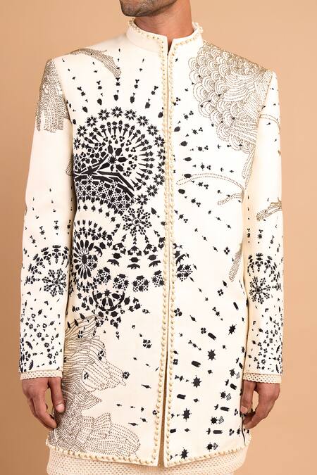 Buy_Rohit Doshi_Off White Cotton, Crepe, Rayon Beads, Botanical Anarchy Pattern Bandhgala _Online_at_Aza_Fashions