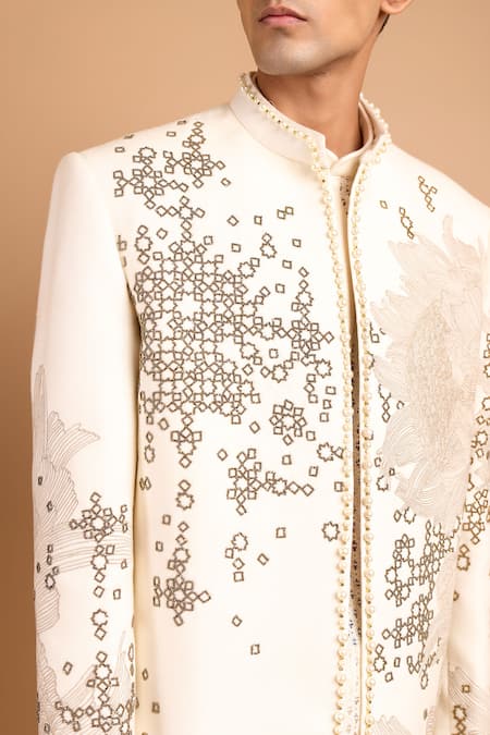 Shop Rohit Doshi Off White Cotton, Crepe, Rayon Beads, Floral And Geometric Embroidered Bandhgala Online at Aza Fashions Shop_Rohit Doshi_Off White Cotton, Crepe, Rayon Beads, Floral And Geometric Embroidered Bandhgala _Online_at_Aza_Fashions