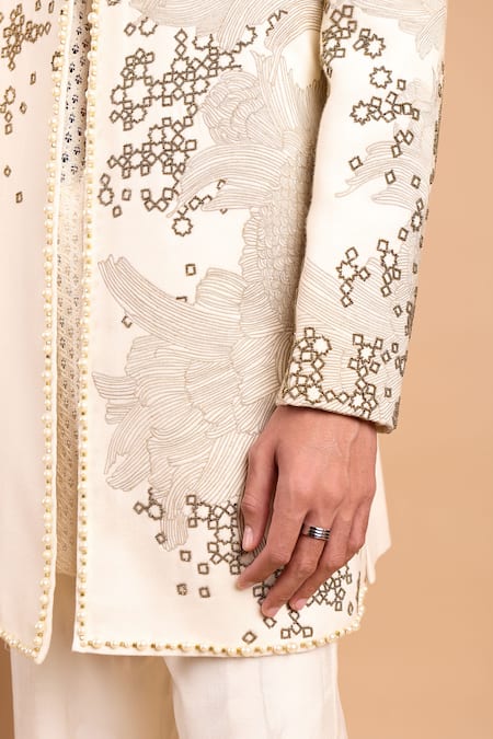 Rohit Doshi Off White Cotton, Crepe, Rayon Beads, Floral And Geometric Embroidered Bandhgala at Aza Fashions Rohit Doshi_Off White Cotton, Crepe, Rayon Beads, Floral And Geometric Embroidered Bandhgala _at_Aza_Fashions