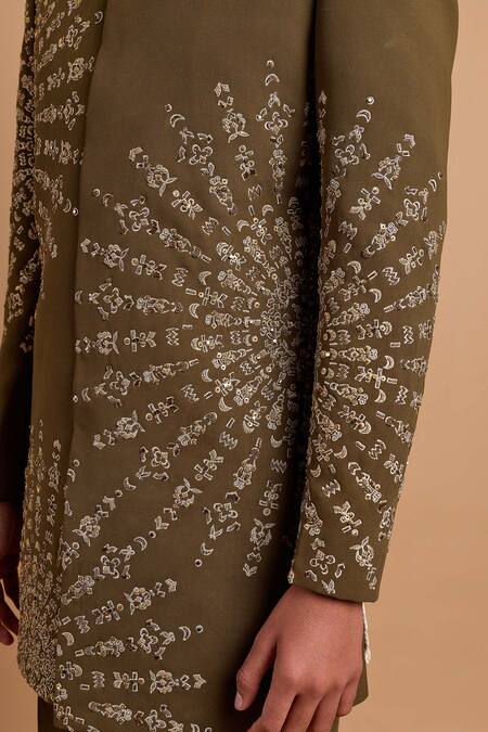 Rohit Doshi_Olive Green Sequins, Metallic Thread Embroidered Bandhgala _Online_at_Aza_Fashions