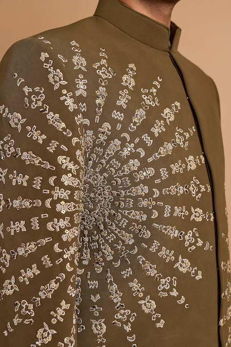 Buy_Rohit Doshi_Olive Green Sequins, Metallic Thread Embroidered Bandhgala _Online_at_Aza_Fashions