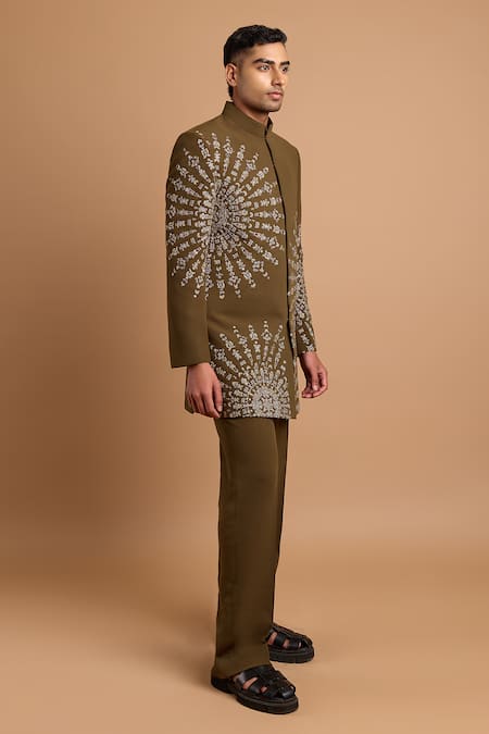 Shop_Rohit Doshi_Olive Green Sequins, Metallic Thread Embroidered Bandhgala _Online_at_Aza_Fashions