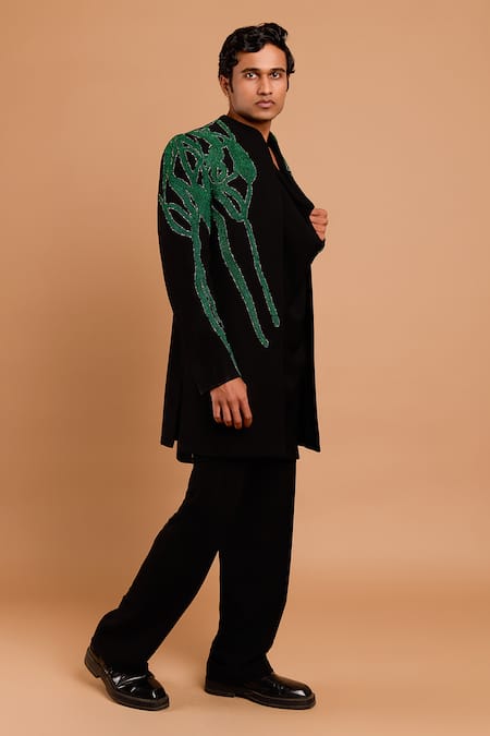 Rohit Doshi_Black Beads, Sequins Abstract Green Embellished Bandhgala _Online_at_Aza_Fashions