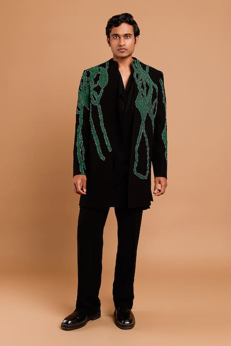 Buy_Rohit Doshi_Black Beads, Sequins Abstract Green Embellished Bandhgala _Online_at_Aza_Fashions