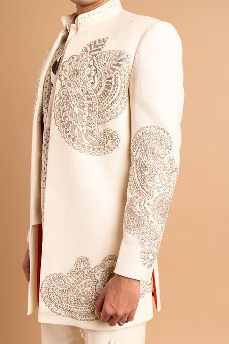 Shop_Rohit Doshi_Off White Cotton Embroidery, Beads, Sequins Paisley Bandhgala _Online_at_Aza_Fashions