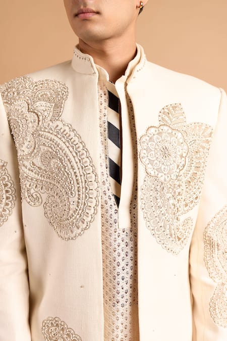 Rohit Doshi_Off White Cotton Embroidery, Beads, Sequins Paisley Bandhgala _at_Aza_Fashions