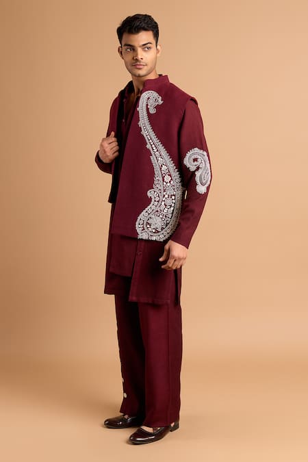 Rohit Doshi_Maroon Cotton Embroidery Paisley Nehru Jacket _Online_at_Aza_Fashions