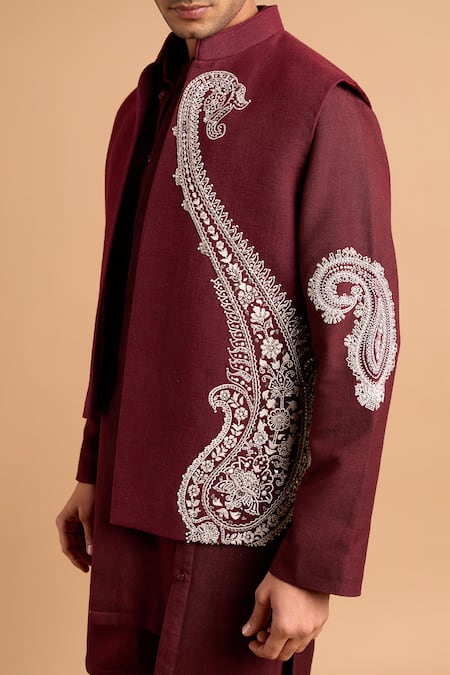 Buy_Rohit Doshi_Maroon Cotton Embroidery Paisley Nehru Jacket _Online_at_Aza_Fashions