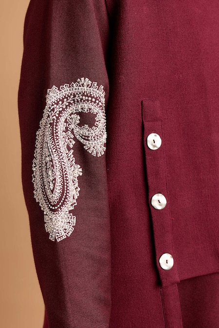 Shop_Rohit Doshi_Maroon Cotton Embroidery Paisley Nehru Jacket _Online_at_Aza_Fashions