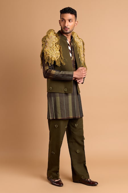 Rohit Doshi_Green Cotton Fringe, Beads Embroidered Bandhgala _Online_at_Aza_Fashions