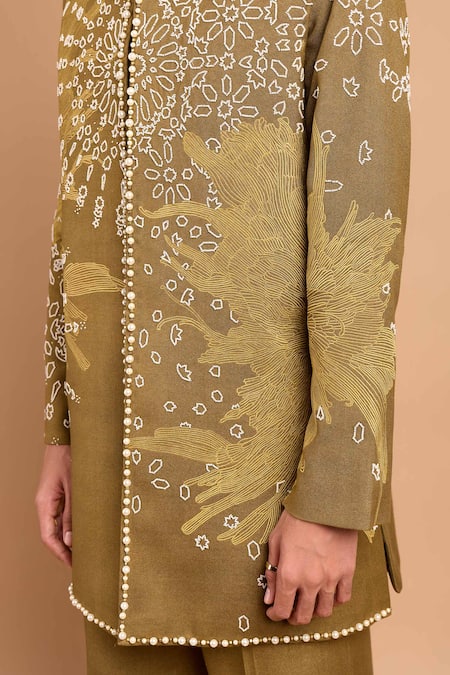Rohit Doshi_Olive Green Cotton, Crepe, Rayon Beads Canopy Pearl Embellished Bandhgala _Online_at_Aza_Fashions