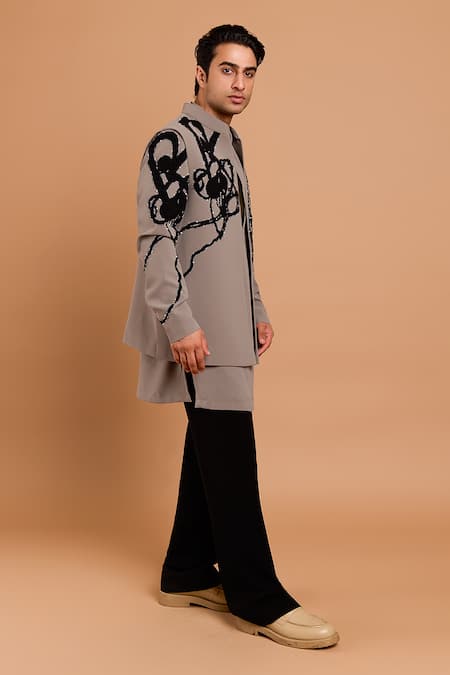 Rohit Doshi_Gray Crepe, Polyester Beads, Embroidery Abstract Bandhgala _Online_at_Aza_Fashions