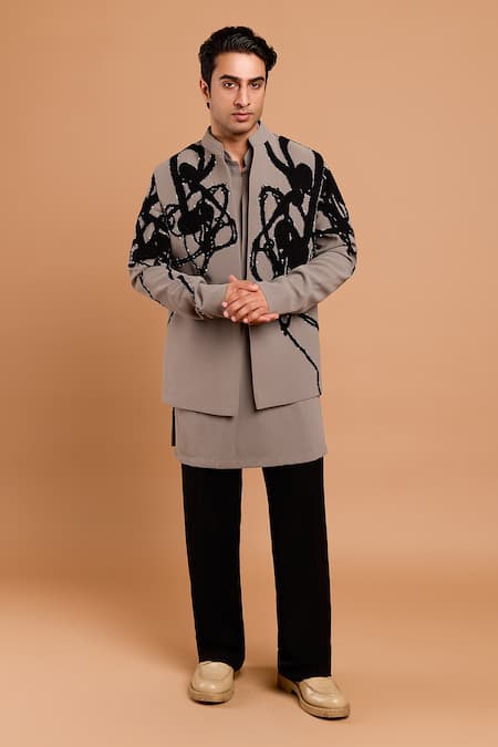 Buy_Rohit Doshi_Gray Crepe, Polyester Beads, Embroidery Abstract Bandhgala _Online_at_Aza_Fashions