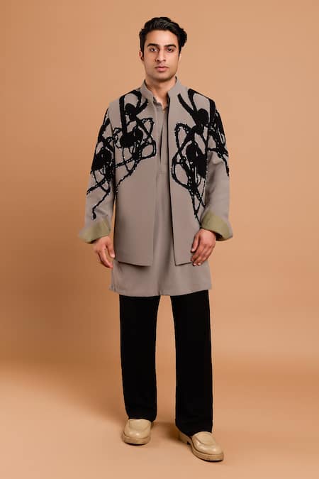 Shop_Rohit Doshi_Gray Crepe, Polyester Beads, Embroidery Abstract Bandhgala _Online_at_Aza_Fashions