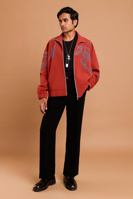 Rohit Doshi_Maroon Polyester, Crepe Embroidery Doodle Artwork Poly Jacket _Online_at_Aza_Fashions