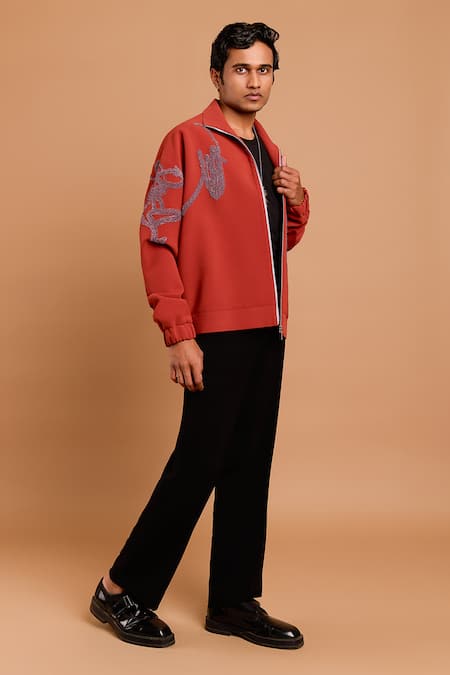 Buy_Rohit Doshi_Maroon Polyester, Crepe Embroidery Doodle Artwork Poly Jacket _Online_at_Aza_Fashions