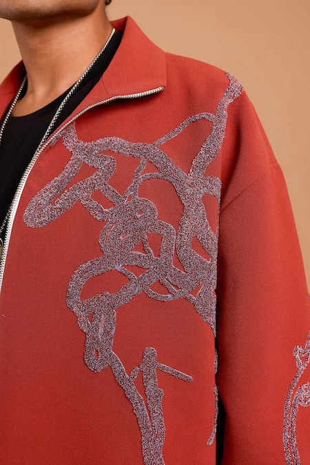 Shop_Rohit Doshi_Maroon Polyester, Crepe Embroidery Doodle Artwork Poly Jacket _Online_at_Aza_Fashions
