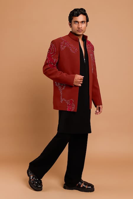 Buy_Rohit Doshi_Maroon Polyester, Crepe Beads, Sequins Jalebi Embellished Bandhgala _Online_at_Aza_Fashions