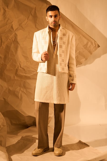 Shop_Rohit Doshi_Off White Cut Work, Embroidery Chatai Matka Woven Jacket _Online_at_Aza_Fashions
