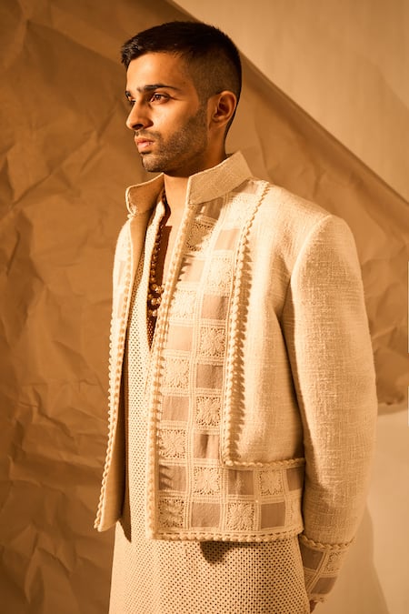 Rohit Doshi_Off White Cut Work, Embroidery Chatai Matka Woven Jacket _at_Aza_Fashions