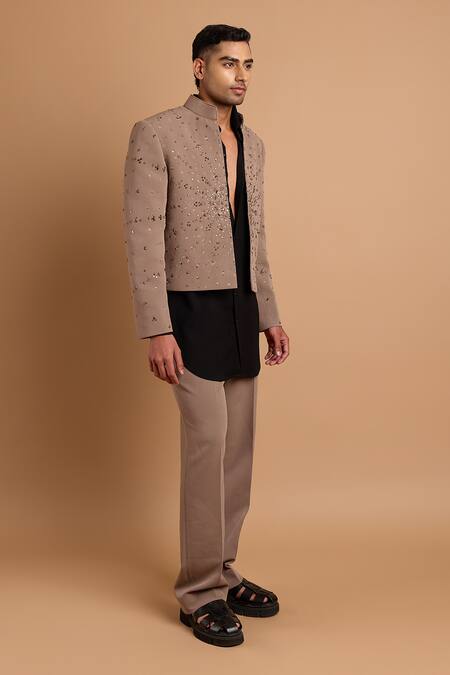 Rohit Doshi Beige Sequins, Beads Embellished Stand Collar Jacket Online at Aza Fashions Rohit Doshi_Beige Sequins, Beads Embellished Stand Collar Jacket _Online_at_Aza_Fashions