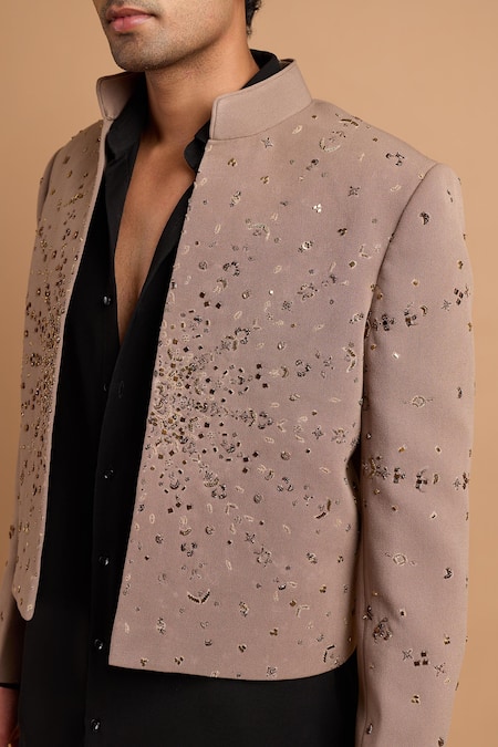 Buy Rohit Doshi Beige Sequins, Beads Embellished Stand Collar Jacket Online at Aza Fashions Buy_Rohit Doshi_Beige Sequins, Beads Embellished Stand Collar Jacket _Online_at_Aza_Fashions