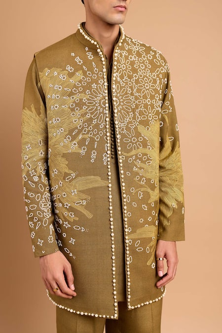 Rohit Doshi_Olive Green Cotton, Crepe, Rayon Embroidered Kurta _Online_at_Aza_Fashions