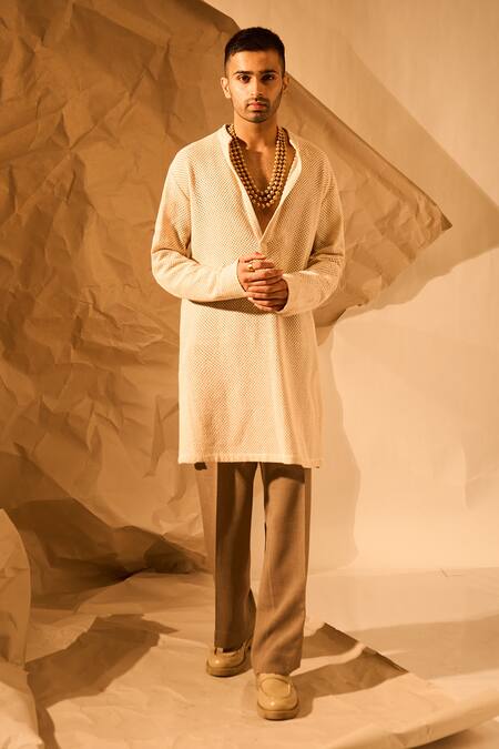 Rohit Doshi_Off White Knitted Fish Mesh Net Kurta _Online_at_Aza_Fashions