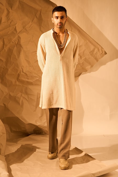 Buy_Rohit Doshi_Off White Knitted Fish Mesh Net Kurta _Online_at_Aza_Fashions