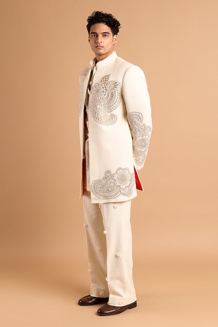 Rohit Doshi_Beige Net, Lace Embroidery, Sequins, Beads Paisley Kurta _Online_at_Aza_Fashions