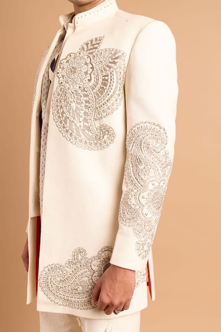 Shop_Rohit Doshi_Beige Net, Lace Embroidery, Sequins, Beads Paisley Kurta _Online_at_Aza_Fashions
