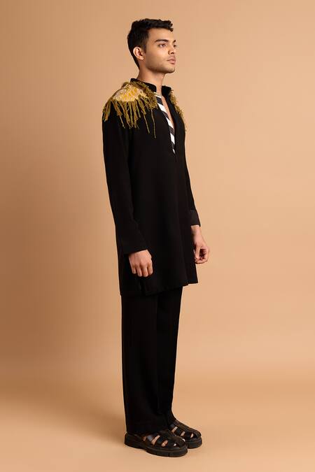 Rohit Doshi_Black Fringe Textured Puff Embroidered Kurta _Online_at_Aza_Fashions