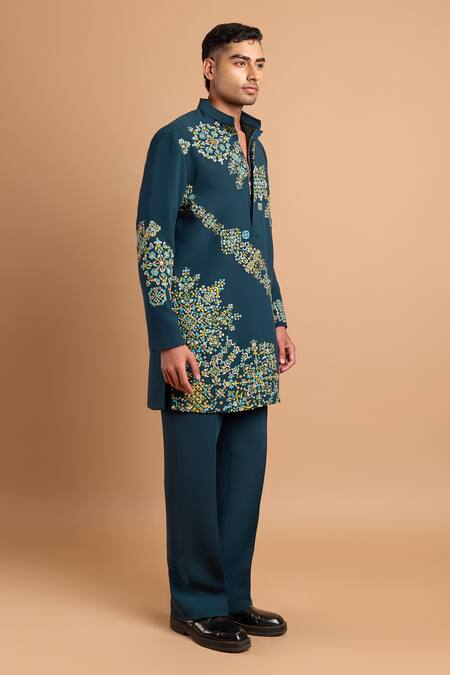 Rohit Doshi_Emerald Green Embroidery Patterned Lachka And Armani Short Kurta _Online_at_Aza_Fashions