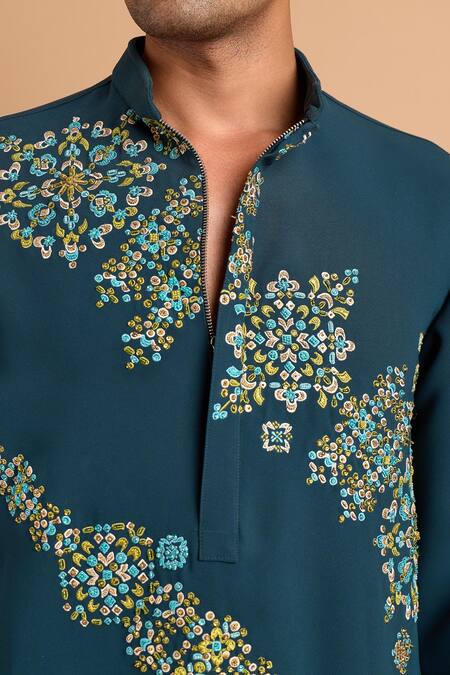 Buy_Rohit Doshi_Emerald Green Embroidery Patterned Lachka And Armani Short Kurta _Online_at_Aza_Fashions