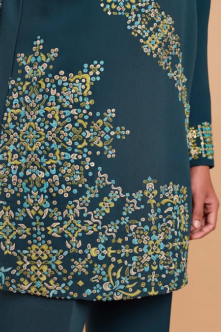 Shop_Rohit Doshi_Emerald Green Embroidery Patterned Lachka And Armani Short Kurta _Online_at_Aza_Fashions