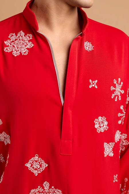 Rohit Doshi_Red Embroidery, Sequins Short Kurta _Online_at_Aza_Fashions