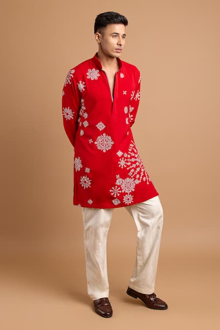 Shop_Rohit Doshi_Red Embroidery, Sequins Short Kurta _Online_at_Aza_Fashions