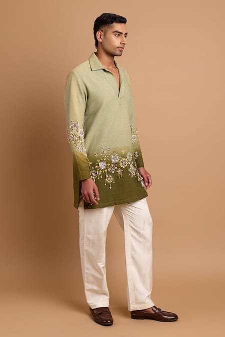 Shop_Rohit Doshi_Green Cotton Embroidery, Beads, Sequins, Ombre Floral Embellished Short Kurta _Online_at_Aza_Fashions