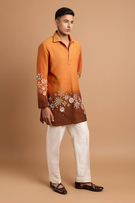 Rohit Doshi_Orange Cotton Beads, Embroidery Ombre Floral Short Kurta _Online_at_Aza_Fashions