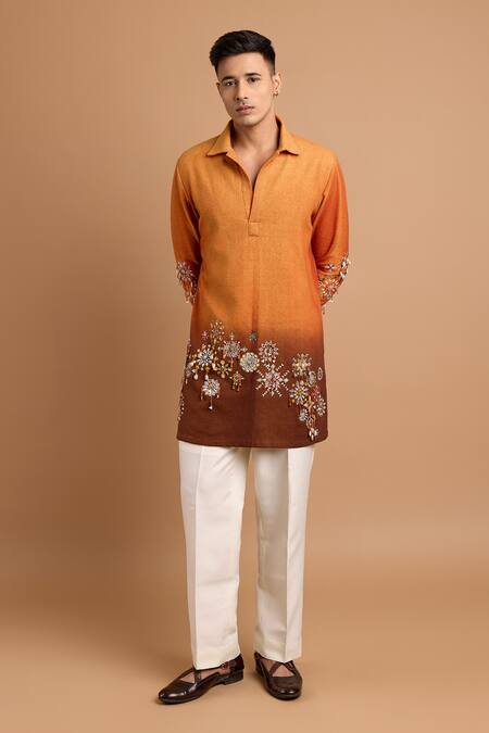 Shop_Rohit Doshi_Orange Cotton Beads, Embroidery Ombre Floral Short Kurta _Online_at_Aza_Fashions