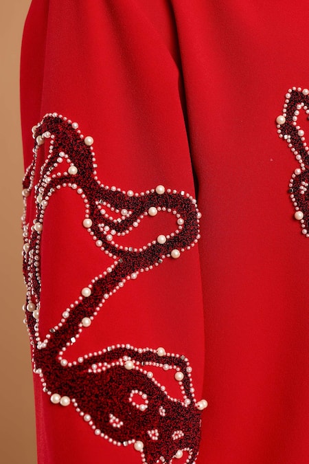 Rohit Doshi Red Crepe, Polyester Embroidery, Beads, Pearls Abstract And Embellished Kurta Online at Aza Fashions Rohit Doshi_Red Crepe, Polyester Embroidery, Beads, Pearls Abstract And Embellished Kurta _Online_at_Aza_Fashions