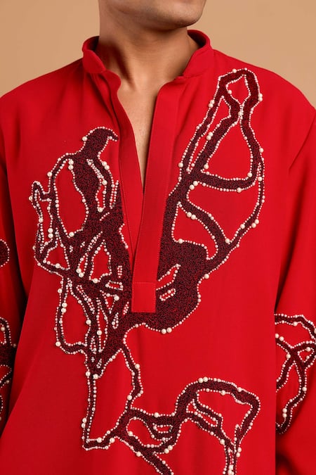 Buy Rohit Doshi Red Crepe, Polyester Embroidery, Beads, Pearls Abstract And Embellished Kurta Online at Aza Fashions Buy_Rohit Doshi_Red Crepe, Polyester Embroidery, Beads, Pearls Abstract And Embellished Kurta _Online_at_Aza_Fashions